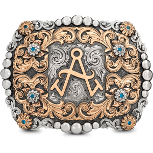 A custom ranch brand belt buckle for men featuring golden bronze scrolls, silver beads on a hand engraved german silver base 